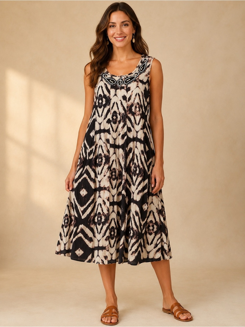 Sleeveless Black Cream Cotton Ikat Printed Beaded Midi Dress - SzL